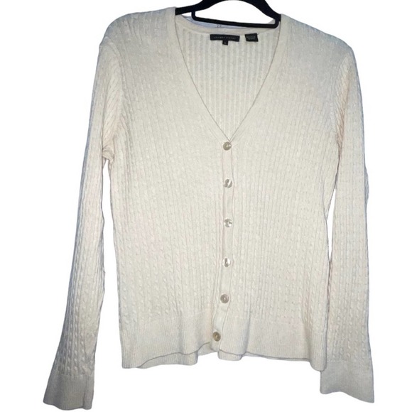 Jeanne Pierre Cream Argyle Cardigan XL | 100% Cotton V-Neck Sweater - Picture 1 of 5